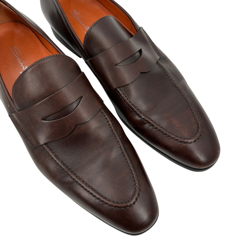 Santoni Gavin Mens Brown Leather Penny Loafers Made in Italy 8087 Size 11 D